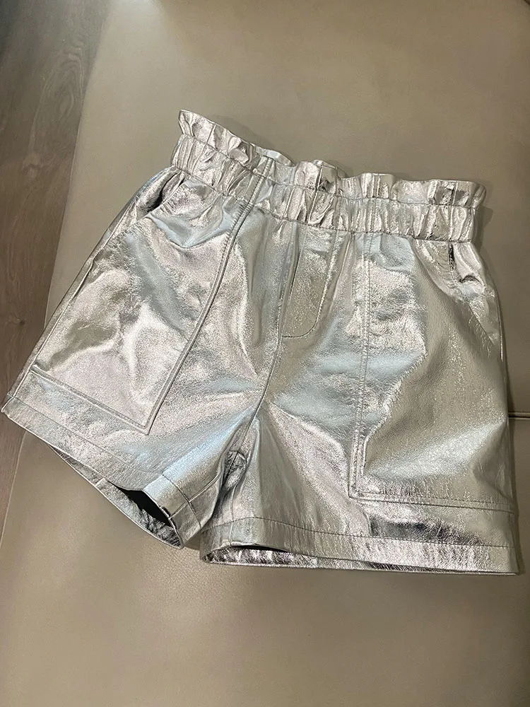 Leather Shorts Women Genuine 2024 New Y2K Fashion Summmer Short Pants High Waist Luxury Shinny Golden Shorts