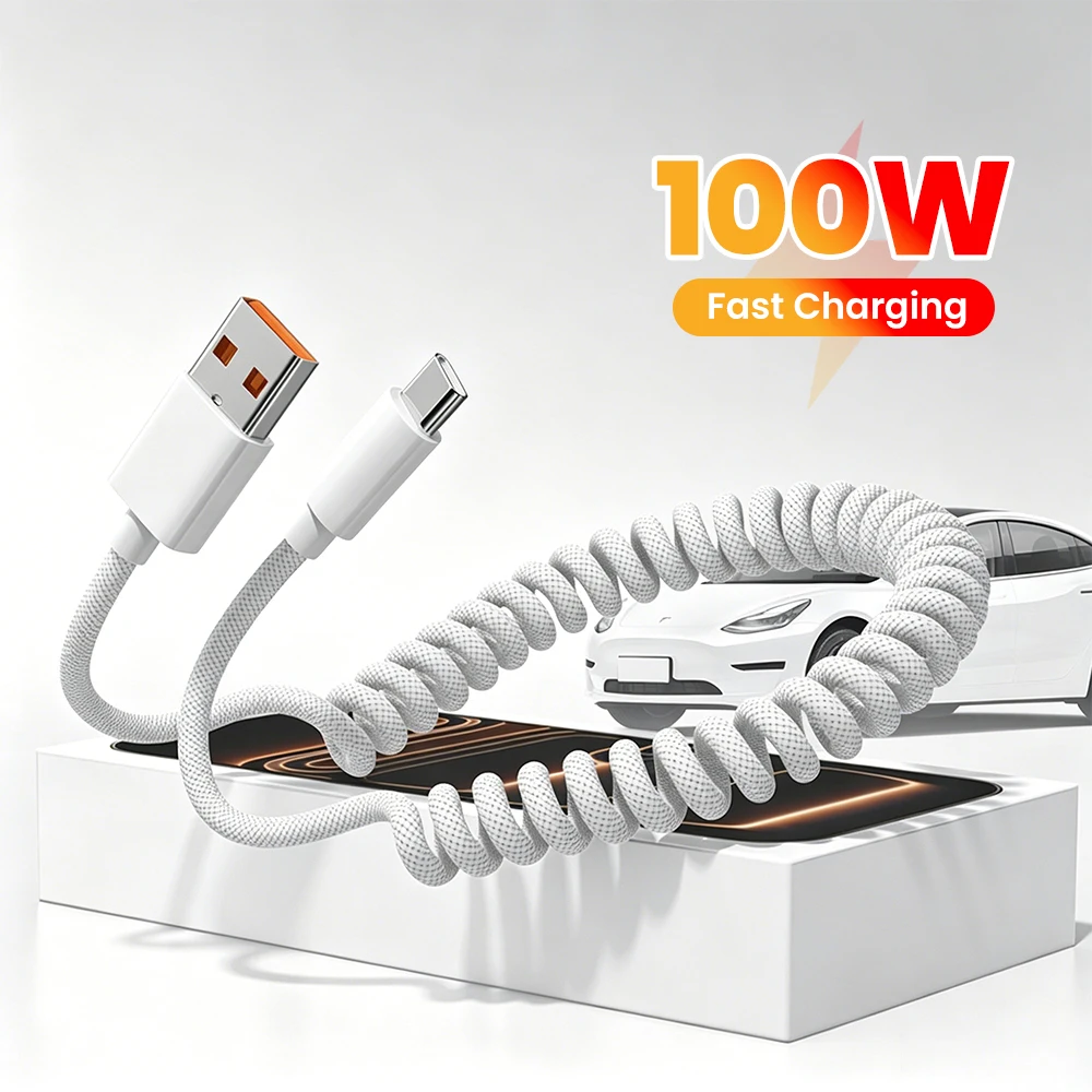 60W Type C TO Type C Cable Car Spring Cable Fast Charging USB C Cable For iPhone 15 16 17 Huawei Xiaomi Samsung