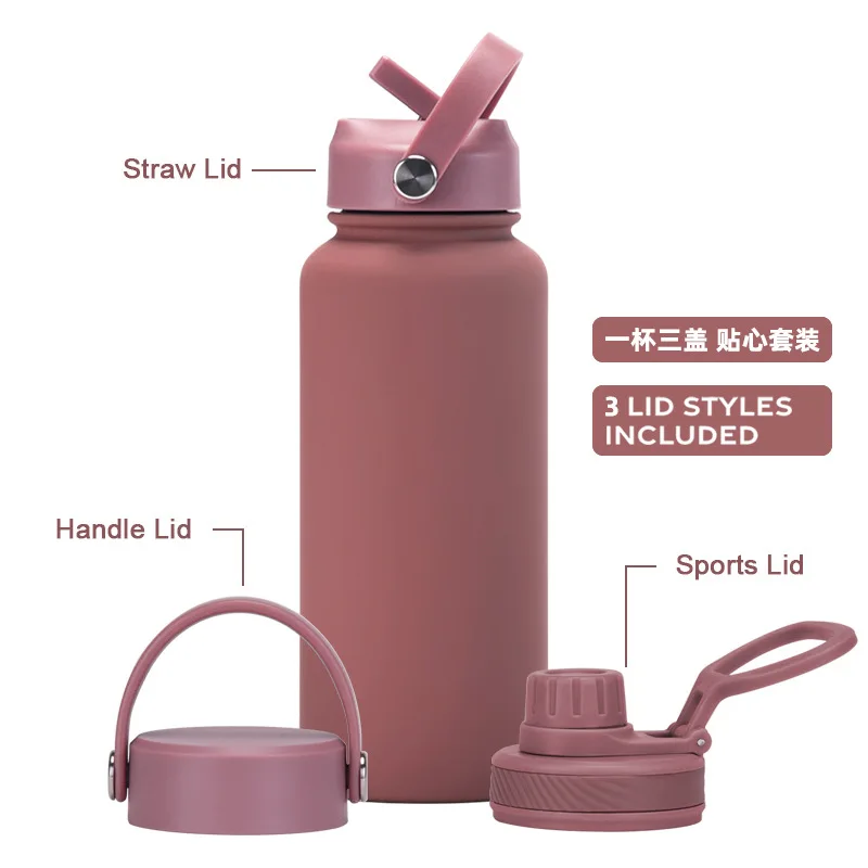 1L Stainless Steel Insulated Cup Portable Travel Double Wall Vacuum Flasks Keep Cold Water Bottle With 3 Lids Drinkware Thermos