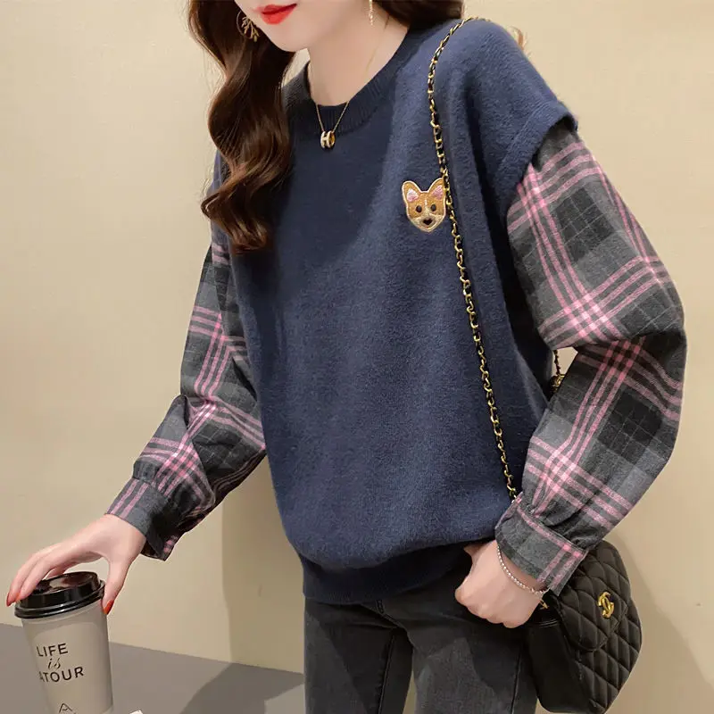 

Hot Selling Fake Two-piece Fashion Temperament Sweater for Women New Spring Autumn Loose Fitting Casual Versatile Pullover Top