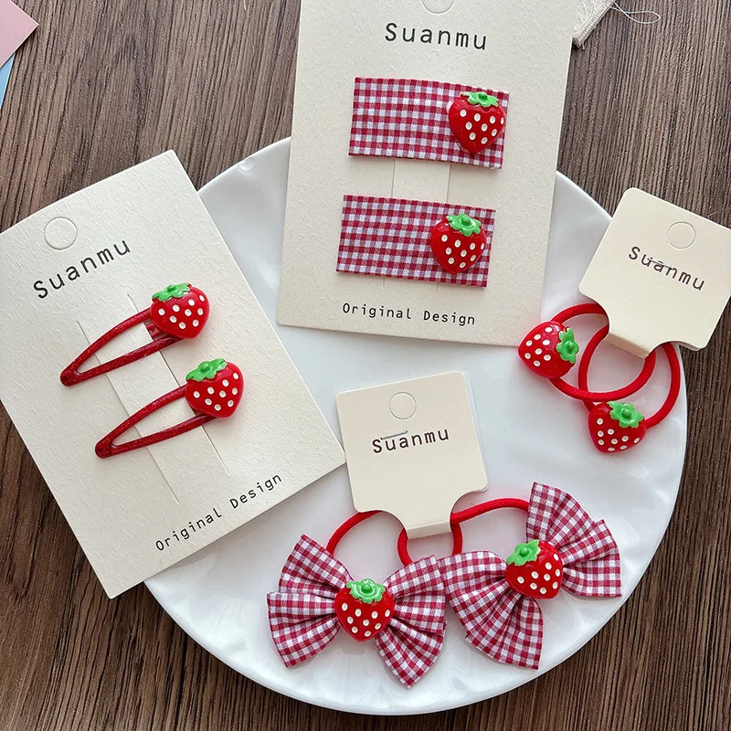 

2pcs Red Plaid Elastic Hair Bands Sweet Strawberry Children's Hair Rope Ties Bow Ponytail Holder Rubber Bands Hair Accessories