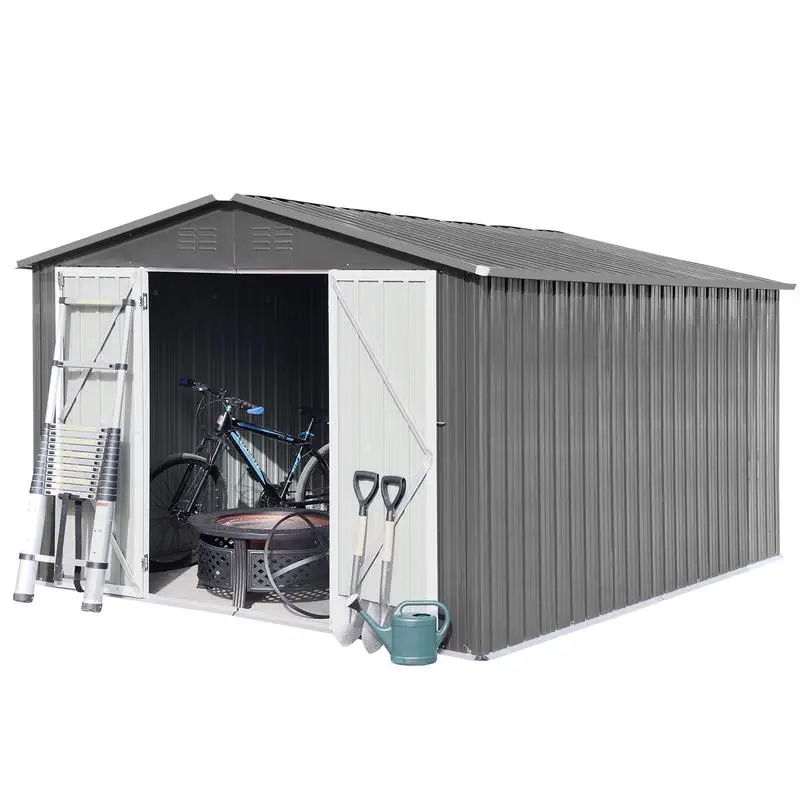 

12ft x 10ft Metal Garden Shed - Outdoor Storage Unit in Grey for Gardening and Tools