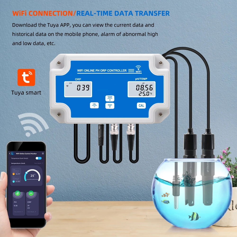 3 IN 1 PH/ORP/Temp Meter Controller Tuya WIFI Water Quality Tester PH Monitor Acidometer for Aquarium APP Control US/EU Plug