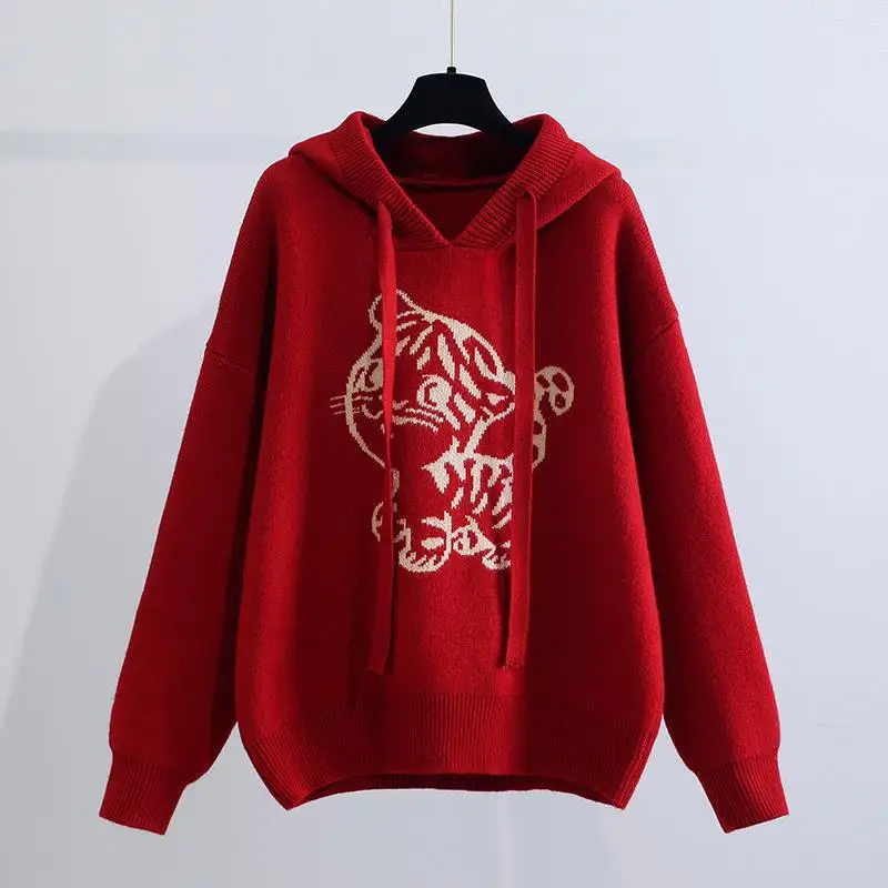 EVNISI Women Sweet Red Hooded Loose Cashmere Sweater Pullover Cute Print Knitting Long Sleeve Jumpers Pullover For Women Winter