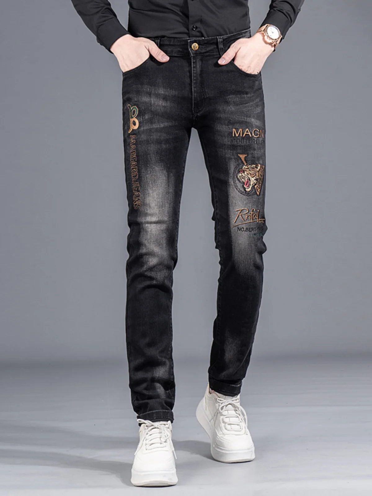 

Ele Embroidered Slim Fit Jeans Men's Casual Versatile Elastic Spring Autumn Wear Highlighting Leg Length Cotton Stretch D...