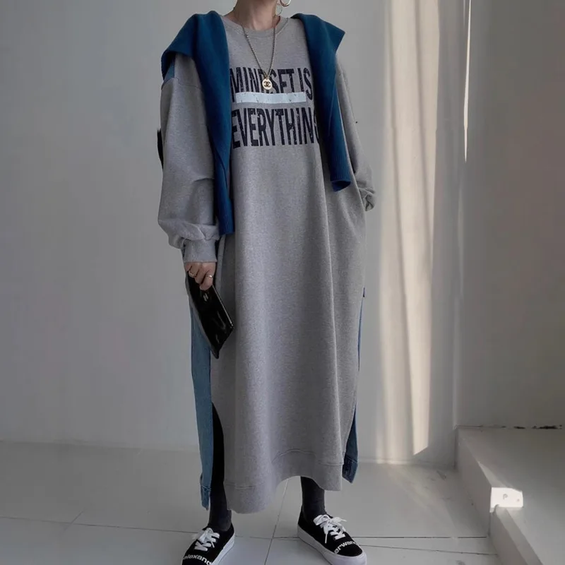 EAEOVNI カジュアルレディースドレスデニムパッチワークデザインレタープリントルーズコントラストカラールーズドレスファッション衣類