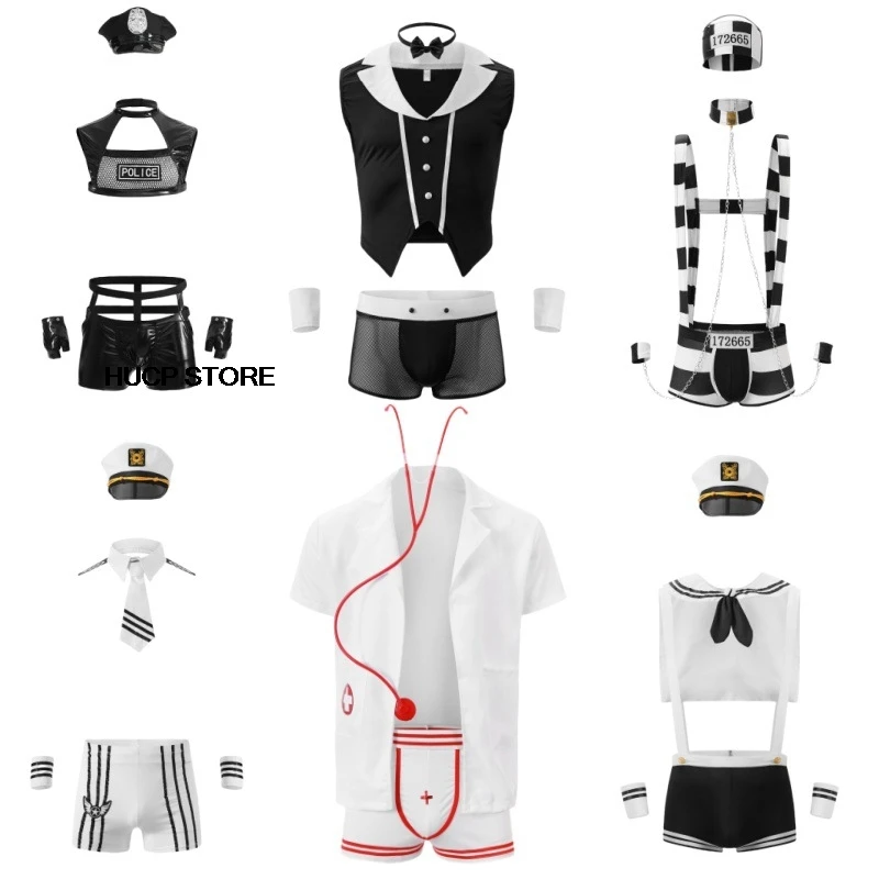 Mens Sexy Maid Role Play Cosplay Costume Outfits Tops Boxer Briefs Underwear with Collar Handcuffs Lingerie Set Halloween Coats