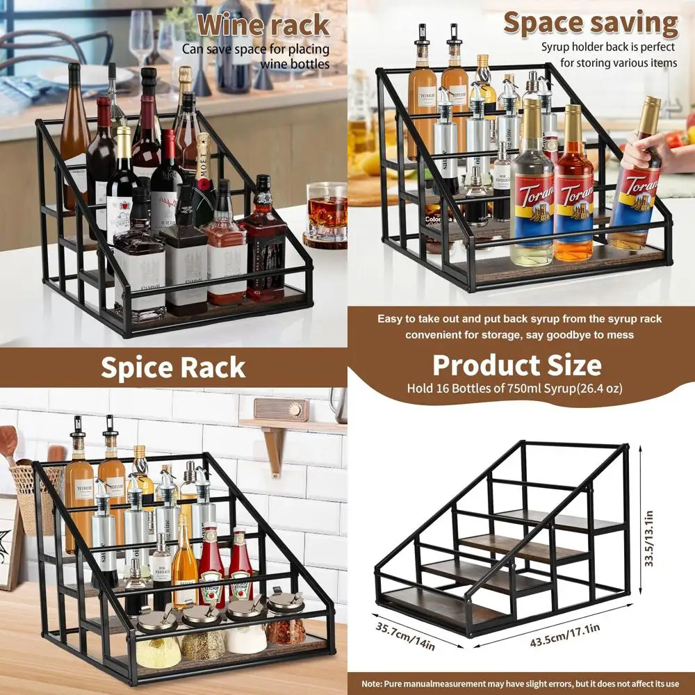 

Double-Tiered Coffee & Syrup Storage Rack, 4-Tier Liquor Bottle Holder, Rustic Brown, 2-Pack 16-Bottle Display Stand for Kitchen