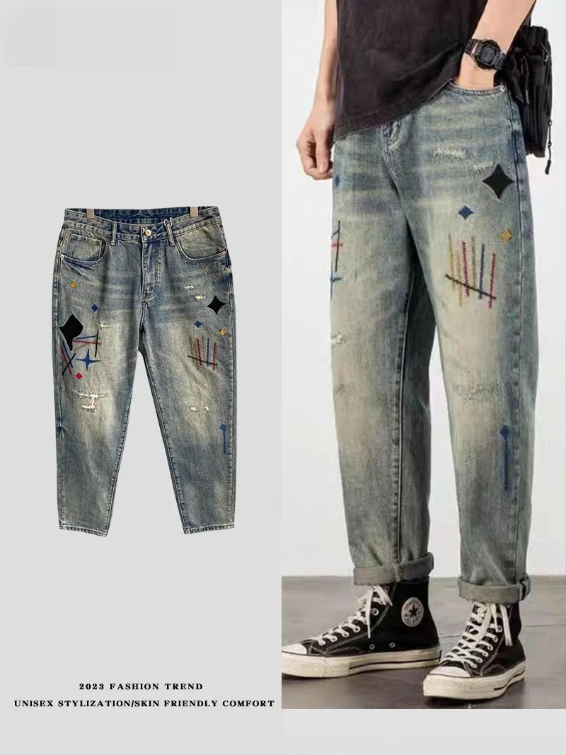 

LPLN Heavyweight Waed Men's Casual Straight Leg Jeans Loose Fit Denim Pants Trendy Patchwork High-End Embroidery Harajuku S...