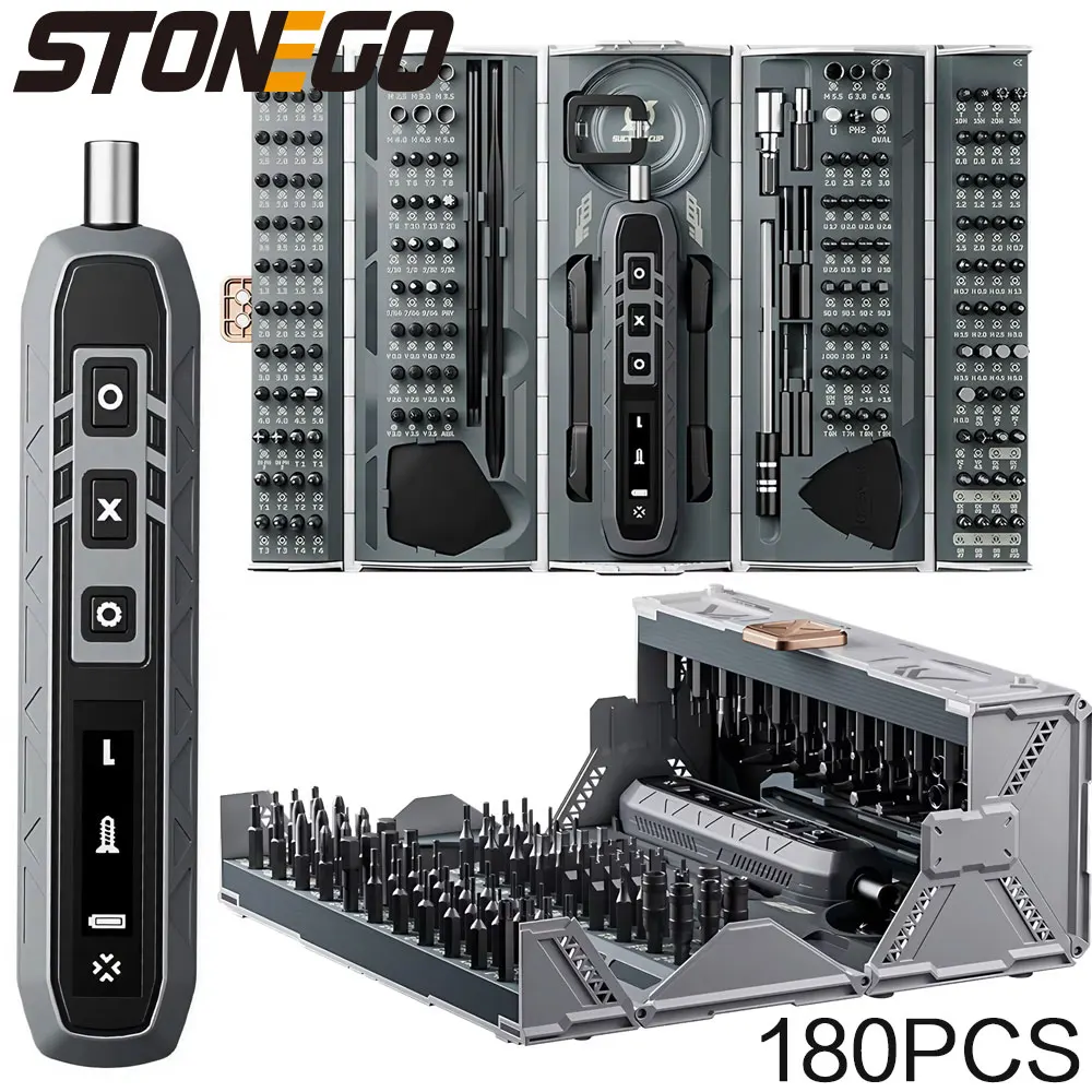

Набор прецизионных отверток STONEGO, 180 шт., 3 режима крутящего момента с 160 прецизионными магнитными битами, набор инструментов для ремонта беспроводных отверток
