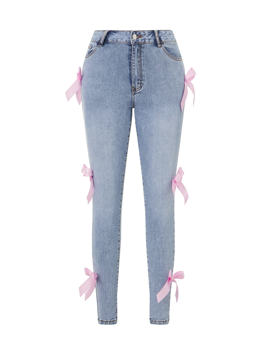 

Women s High Waist Skinny Jeans Leggings with Bow Detail - Stylish Denim Pants for Party Club and Streetwear Fashion