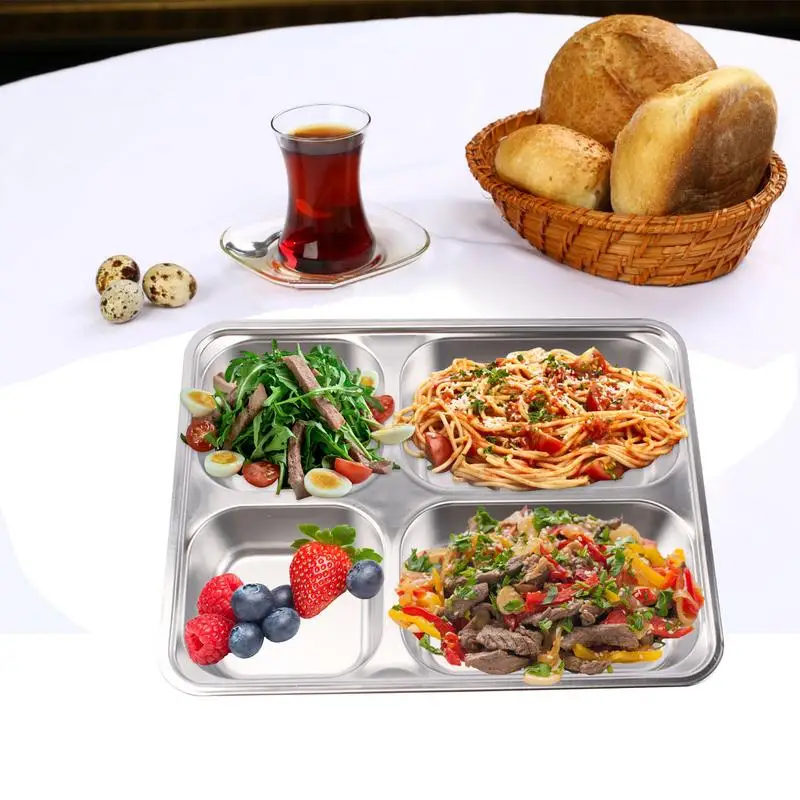 Steel Divided Plates Tray Dinner Tray Platter Dishes With 4 Compartments Rectangular 3 Section Food Plates Portion Control dish