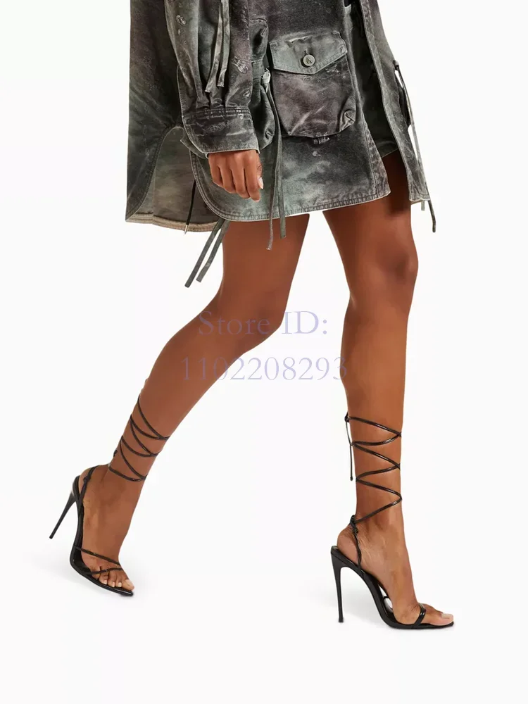 

Classics Lace-up Slender Heels Sandals Pointed Toe Patent Leather Bow Cross Ankle Straps Stiletto Sandals 2024 Lady Dress Shoes