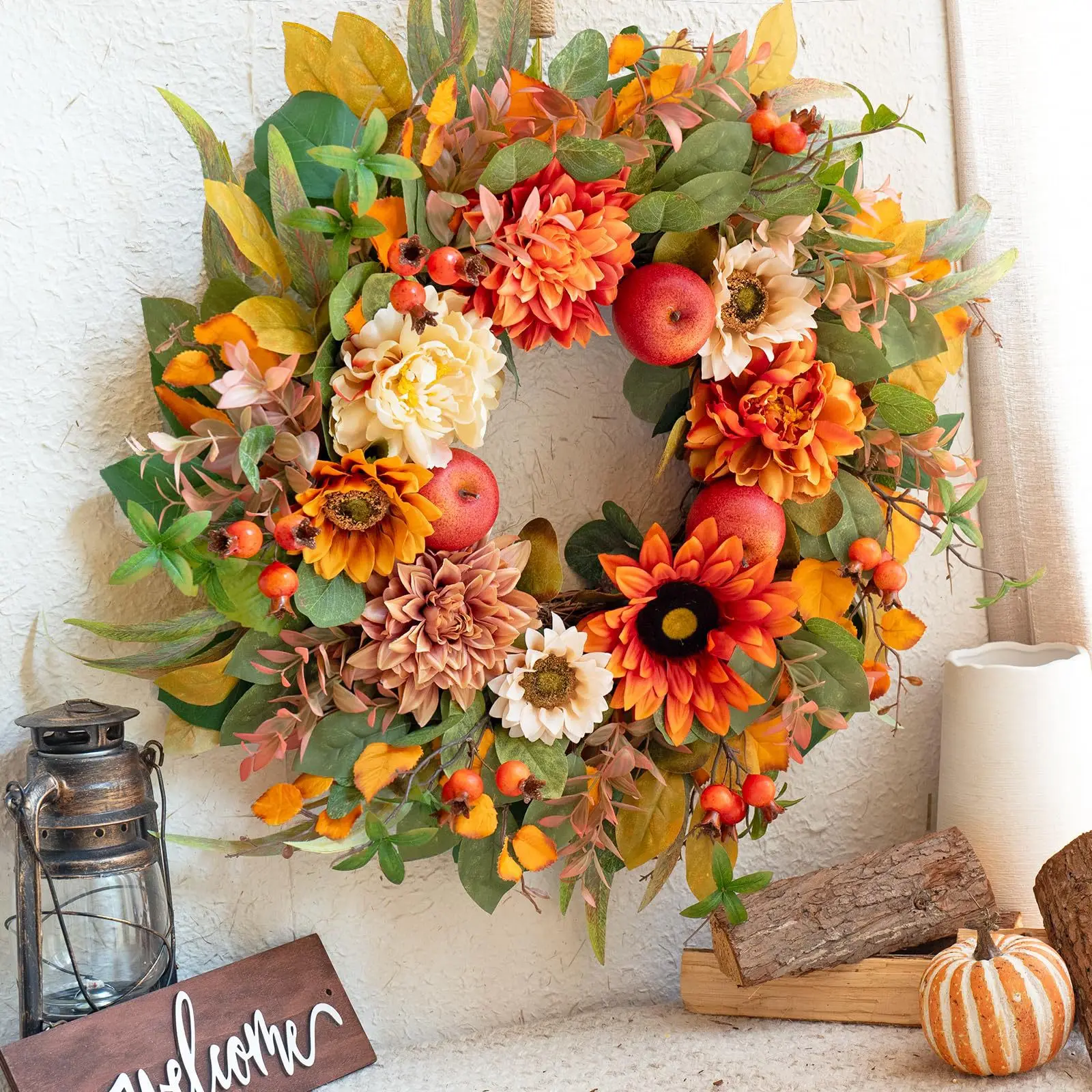 Yannew 20inch Fall Wreaths for Front Door Autumn Rustic Harvest Wreath with Sunflowers Apple Berries for Outdoor Home Wall Decor