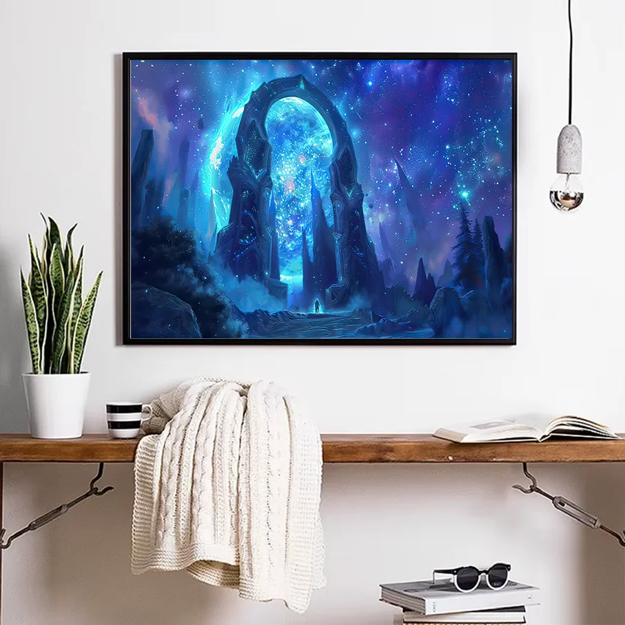Fantasy Space Galaxy Portal Archway Wall Art Canvas Print Home Decor Blue Night Sky Landscape Digital Art