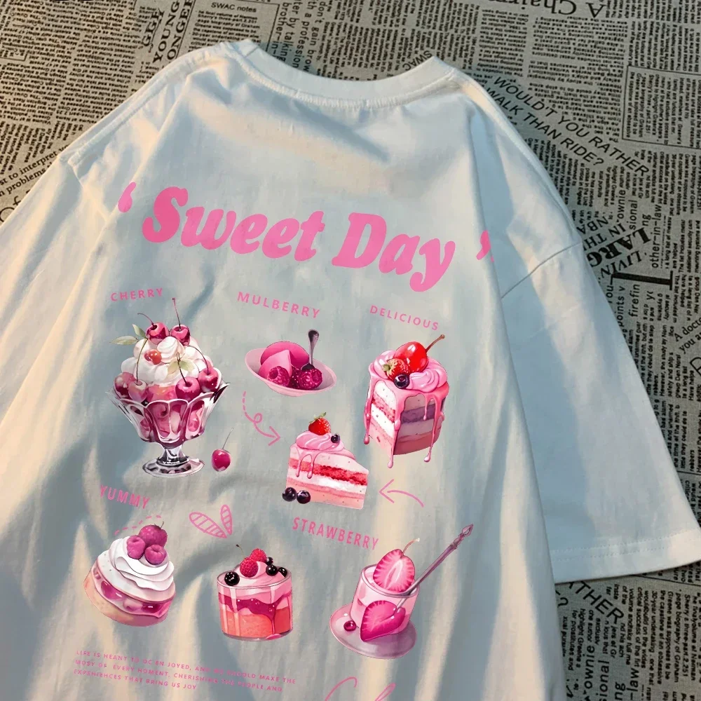 Sweet Day Pink Ice Cream Cake Printed Streetwear Soft Breathable Trend Female Clothes Cake Pattern Sweet Style Clothing