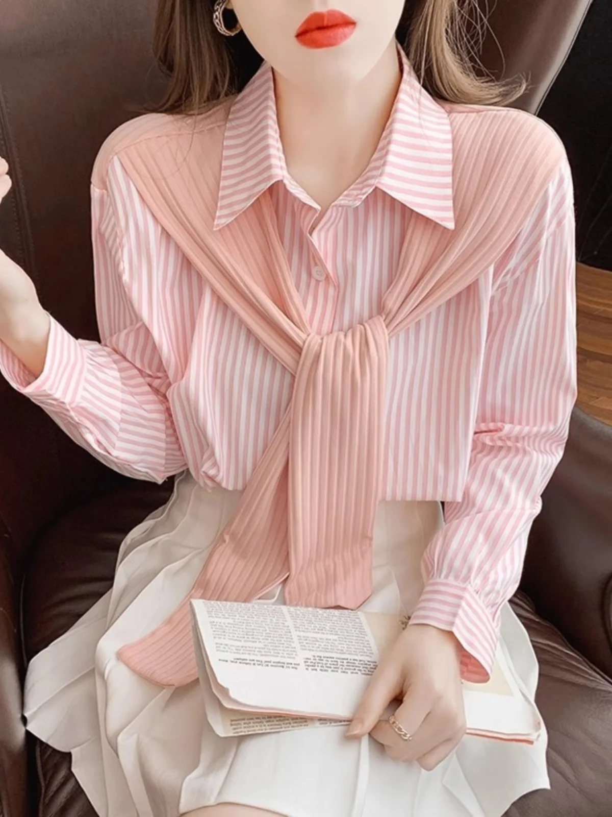 

Faionable Striped Long Sve irt Women's Autumn Winter New Sle Casual Loose Ladies Top oulder Wrap Collar irt