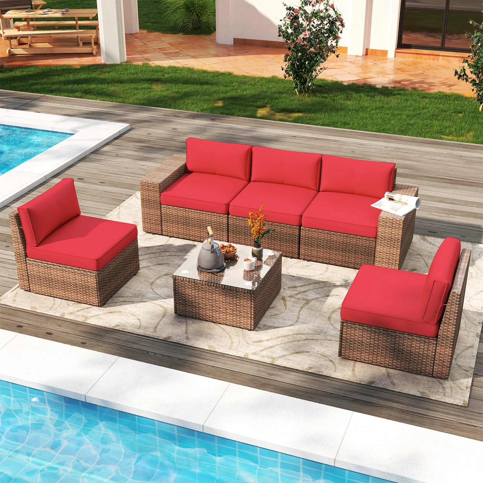 6 Pieces Patio Furniture Set Outdoor Wicker Rattan Furniture Sectional Sofa Include Sofa Cover for Patio, Garden, Backyard (Red)