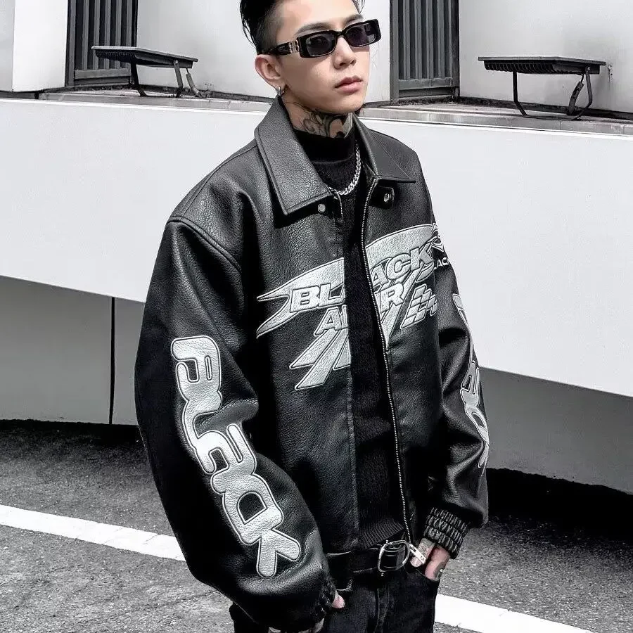 

Autumn Winter Punk Coat Embroidery Motorcycle Suit PU Leather Jacket Men's High Street Retro Niche Silhouette Heavyweight Jacket