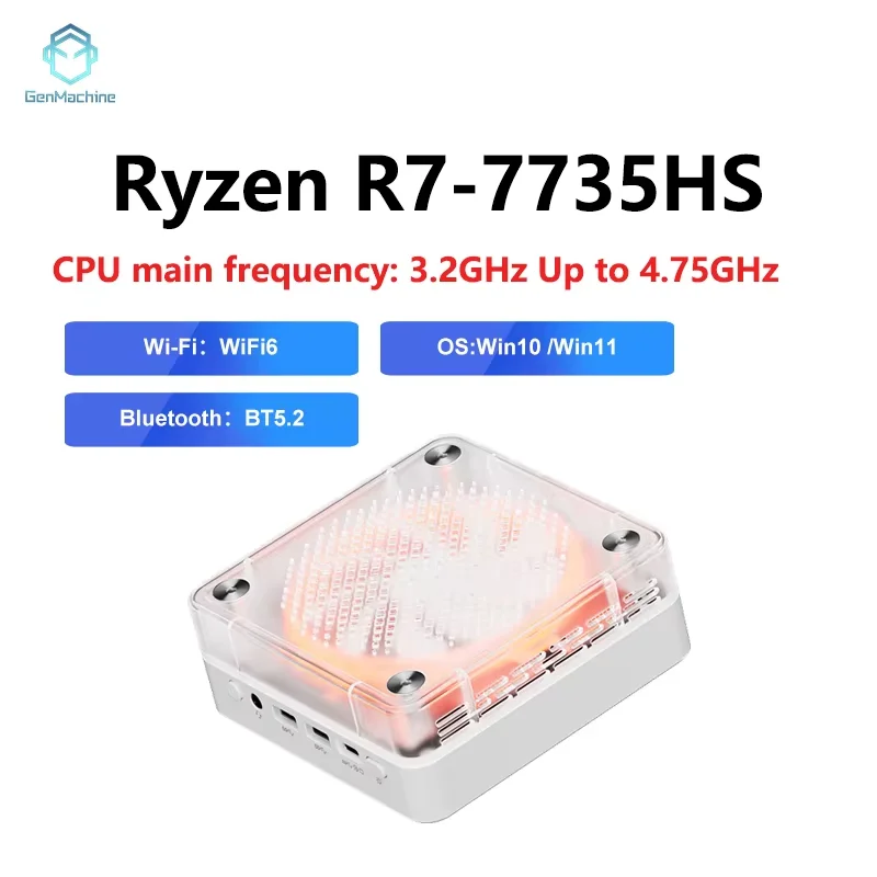 Genmachine New AMD R7 7735HS 7535U 7735U 7535HS Mini PC Win 11 WiFi 6 Gaming PC DDR5 4800Mhz Display Computer Radeon 660M 680M