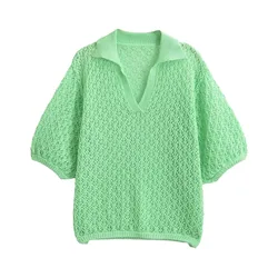 Jersey calado de punto liso de Jacquard para mujer, suéter Vintage con cuello de solapa, Tops elegantes de manga corta para mujer