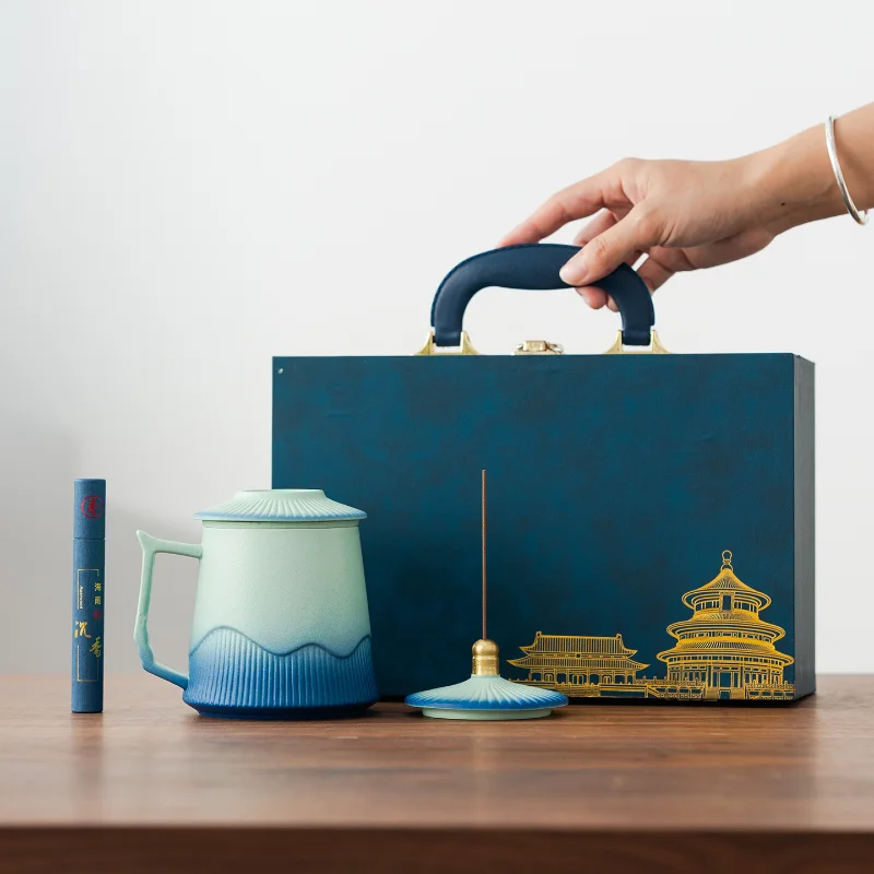Office Tea Cup Ceramic Gradient Blue Red Palace Style Lid Mug Water Bottle