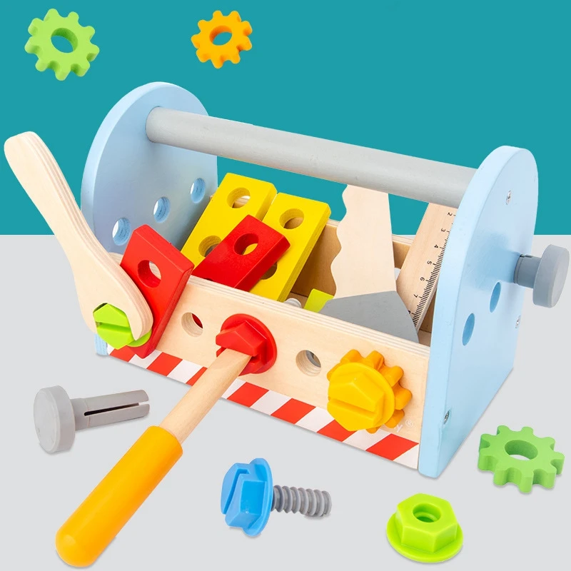 Take-Along Tool Kit Pretend Play Tool Set Gift For Boy Or Girl Kids Educational DIY Wooden Nut Assembly Toys