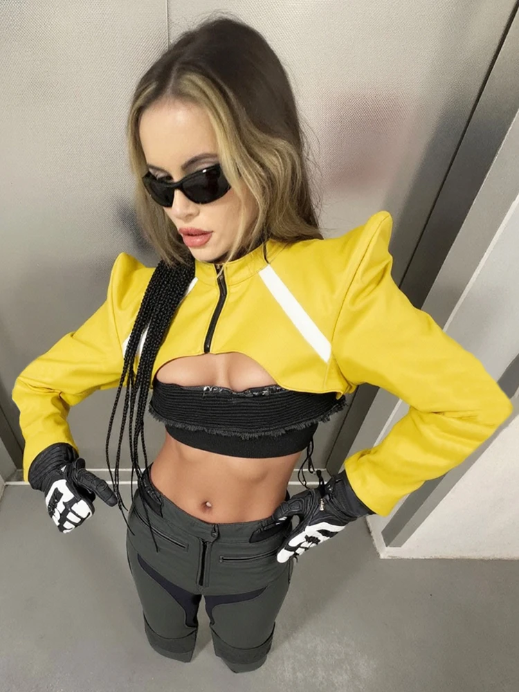 

Cutenew Leather Zipper Jacket Women Patchwork o-Neck Shoulder Pads Long Sleeve Sexy Midnight Moto Style Street Hipster Crop Coat