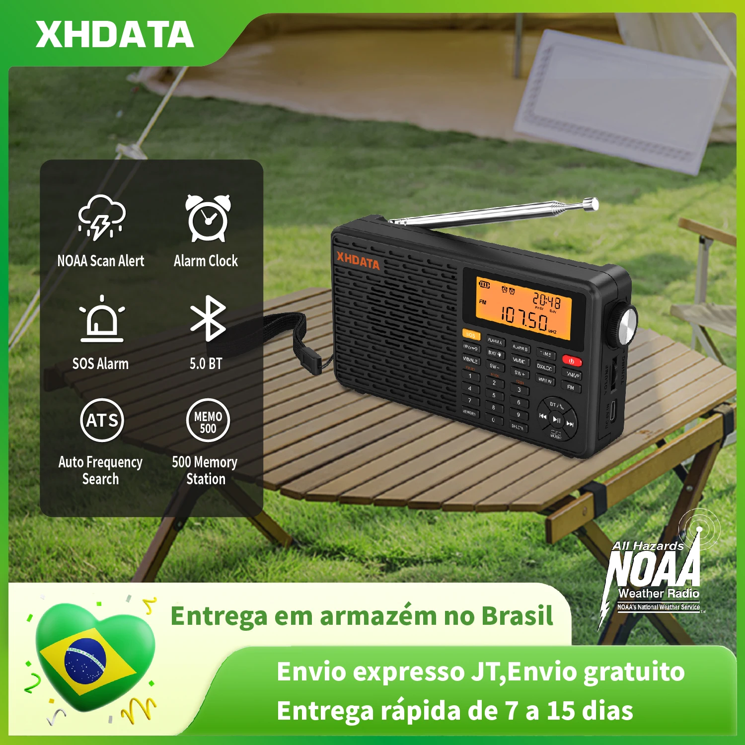 Radio Portatil Digital XHDATA D109WB D109 com Bluetooth 5 0 Faixas OM FM OC MO Reprodutor por Cartao TF Bateria Recarregavel Tela LCD Som Estereo
