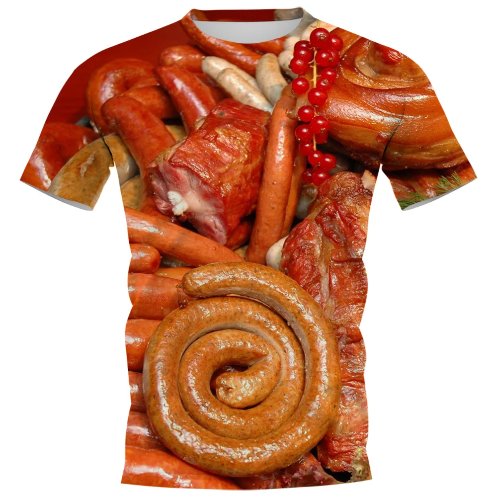 HX  Yummy Food T-shirts 3D Graphic Delicacy Grilled Sausages Pullovers Polyester All Printed Tees Harajuku Men Clothing