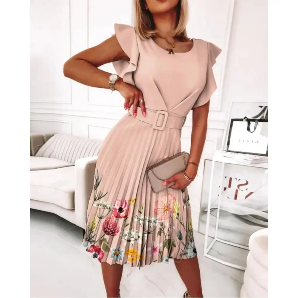 Nuevo vestido de cuello redondo con temperamento a la moda para mujer, vestido informal con estampado Floral y cintura plisada con borde con volantes