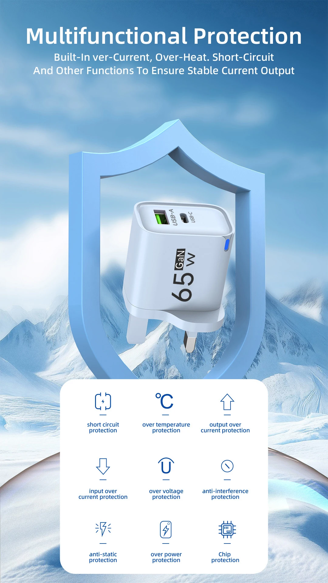 GaN USB نوع C شاحن سريع 65 واط متعدد المنافذ محول الشحن السريع الهاتف المحمول شاحن السفر السريع آيفون 16 شاومي سامسونج