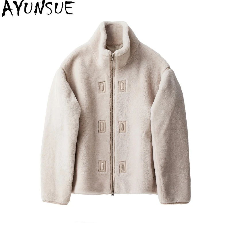 

AYUNSUE Natural Merino Sheep Shearling Jacket Men 2025 Autumn Winter Fashion Real Fur Coat Short Motorcycle Jackets Stand Collar