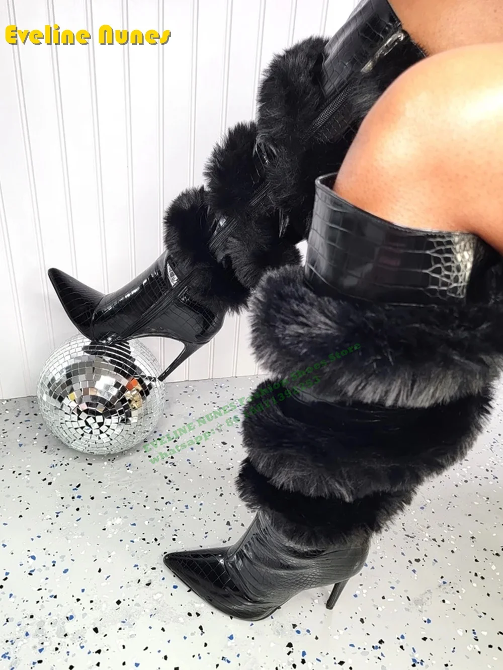 Fur Cross-Strappy Leopard Over The Knee Boots Pointed Toe Thin Heel Zipper Closure Sexy Spicy Girl Party Stage Boots Runway Show