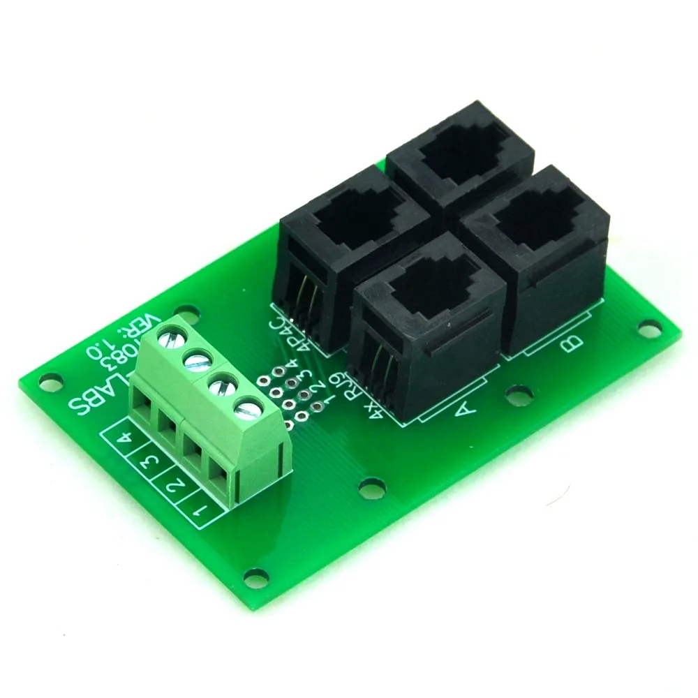 CZH-LABS RJ9 4P4C Jack 4-Way Buss Breakout Board, Terminal Block, Connector.