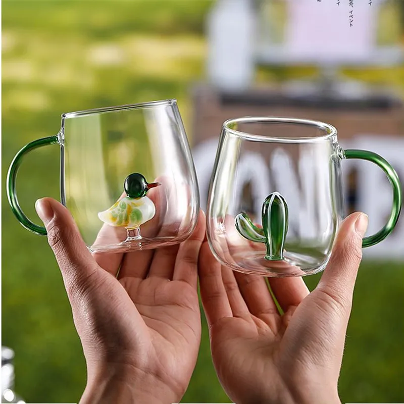 Creative 3D Animal Glass Cup With Handle Home Breakfast Cup Juice Coffee Transparent Mug Cute Tea Milk Water Wine Mug