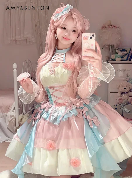 

Pink and Blue Lolita Women's Halter Dress Flower Wedding Adult Ceremony Princess Multi-color Slim Fit Fluffy Dress