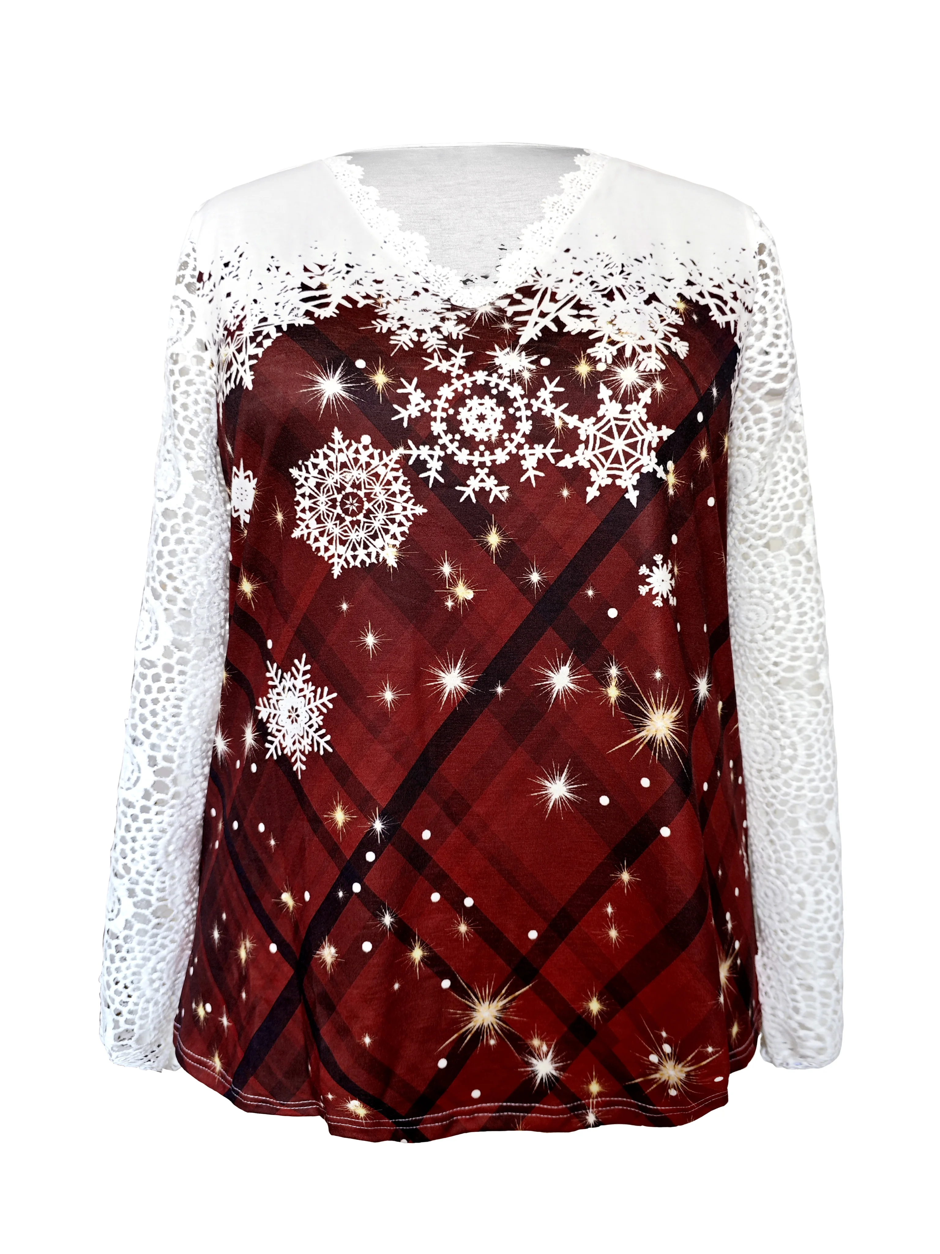 حجم كبير المرأة الدانتيل فانوس الأكمام عيد الميلاد تي شيرت حجم كبير الدانتيل الدانتيل خياطة الخامس الرقبة عيد الميلاد تي شيرت مطبوع