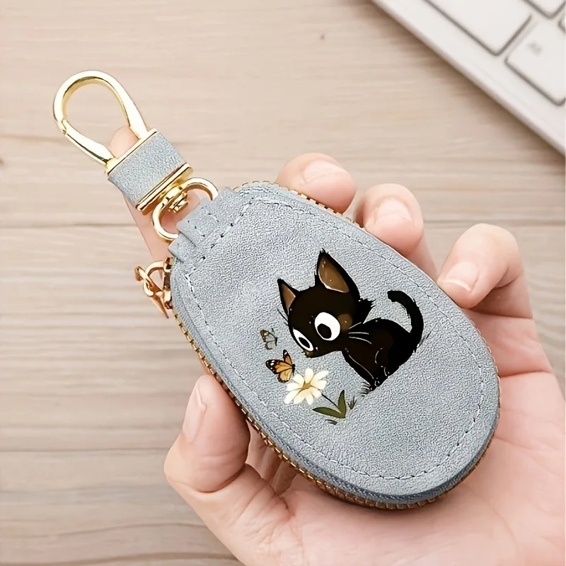Universal Car Key Holder PU Leather Cat Looking at Flowers Pattern Neutral Key Bag Coin Wallet Intelligent Key