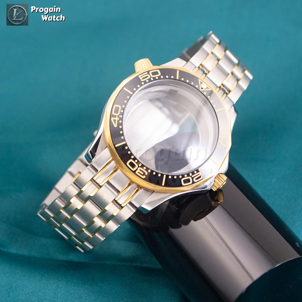 

Gold Watch Case Strap for Seamaster 300 Case 10ATM Waterproof NH35 Watchcase Stainless Steel fit NH35 NH36 Movement 31mm Dial