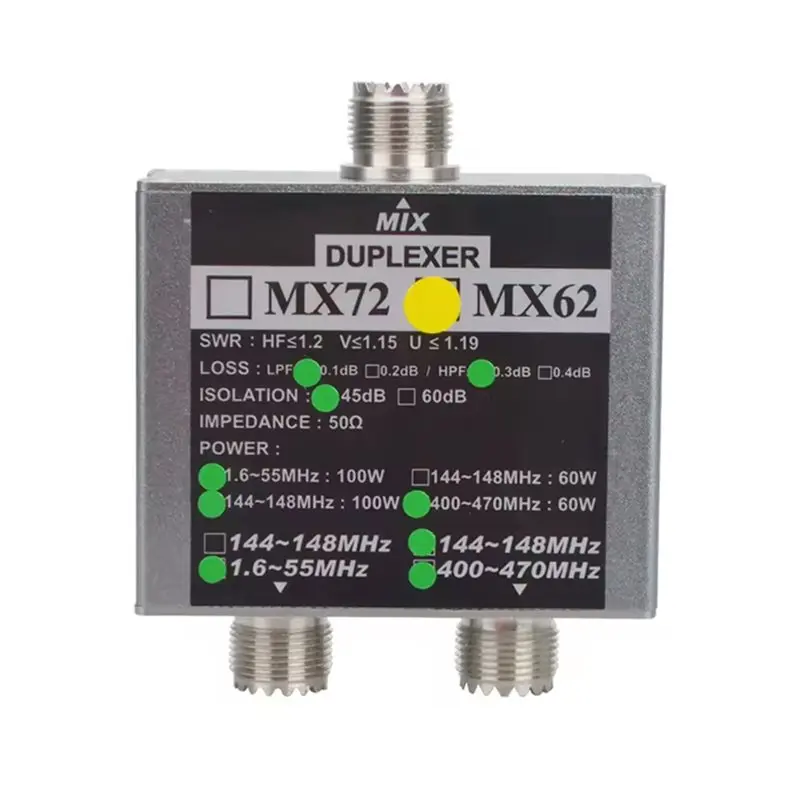 

ABKI-Комбинатор антенн для любительской радиосвязи MX62 50 Ом 60-100 Вт, для раций, VHF/UHF, трехдиапазонный линейный антенный дуплексер SO239