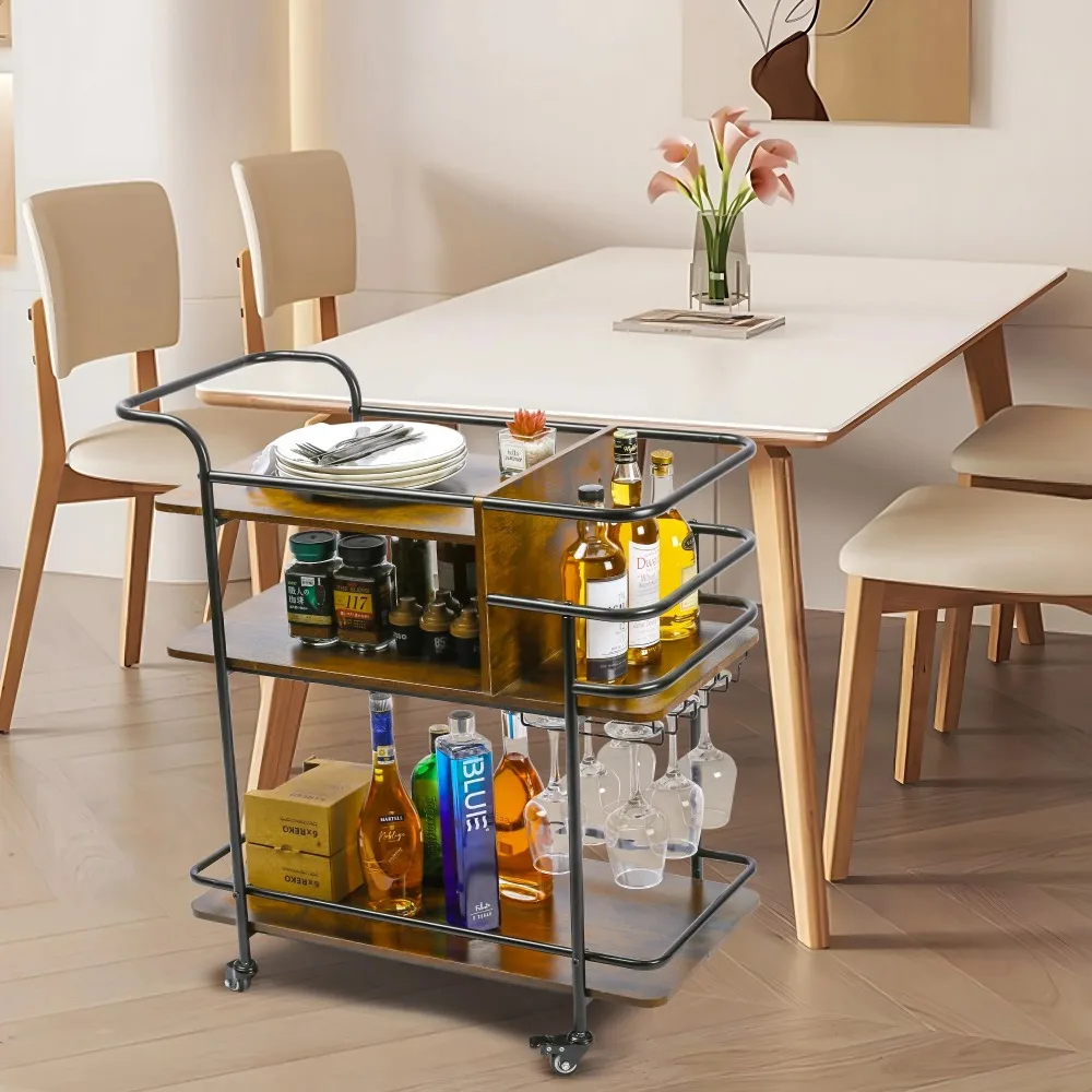 

Home Bar Serving Cart, Microwave Cart, Coffee Cart, Snack Cart, Pantry Picnic Cart, Mobile Wine Cart with Stemware Glass Holder