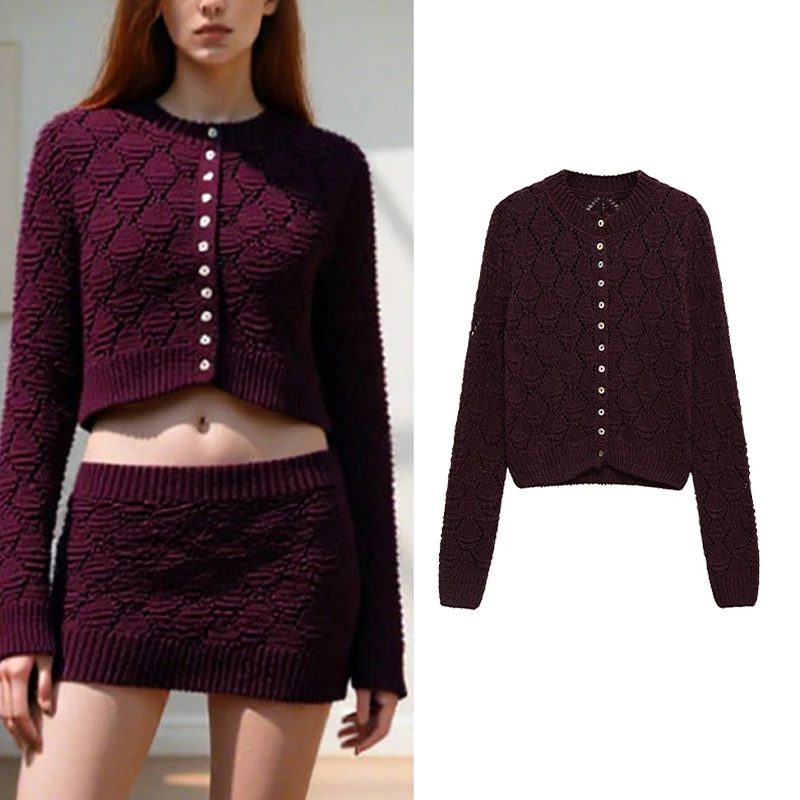 เสื้อแจ็คเก็ตถักลายตาข่ายผู้หญิง สปริง/ซัมเมอร์ 2025 สีแดงไวน์ แขนยาว คอกลม ทรงสั้น โปร่ง  ลำลอง แฟชั่นประจำวัน