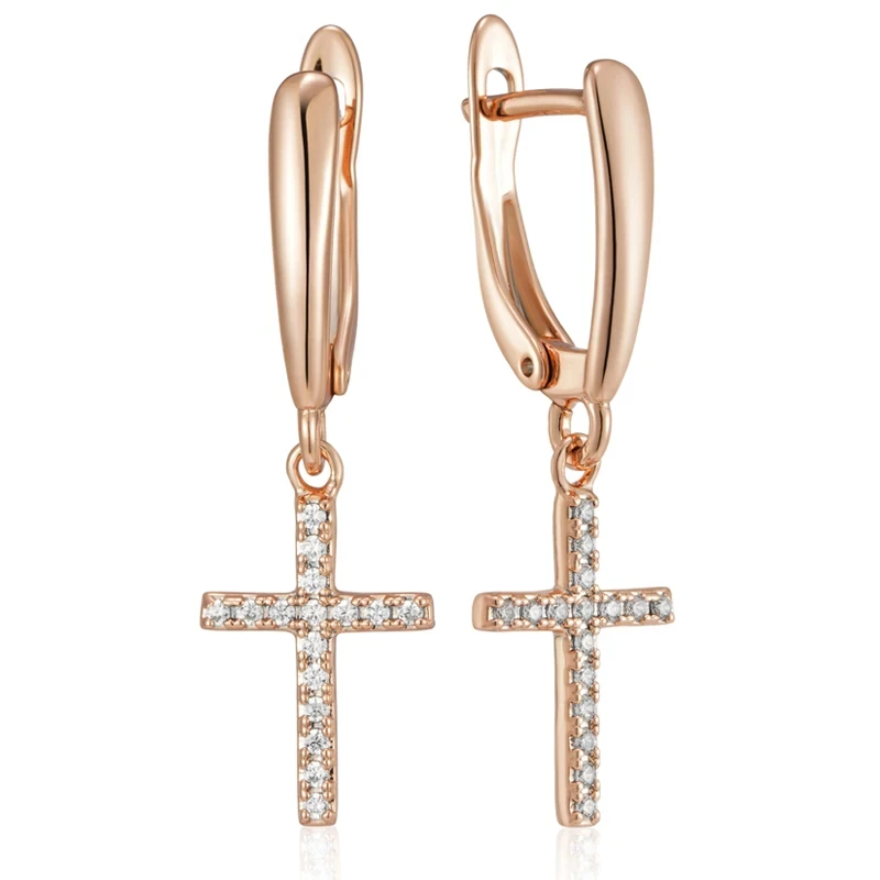 Wbmqda Simple Cross Drop Earrings For Women 585 Rose Gold Color With Natural Zircon High Quality Daily Jewelry Accessories