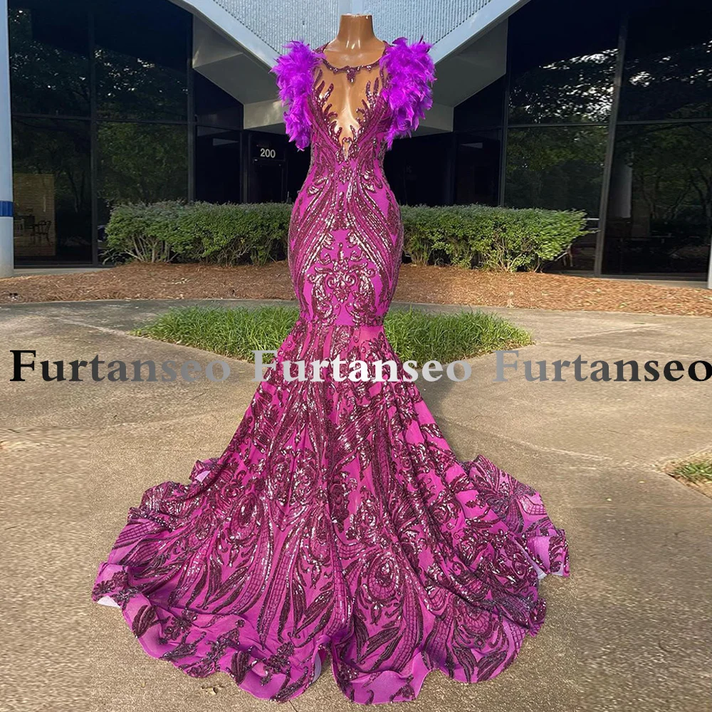 2023 New Mermaid Prom Dress Sequin Applique Colorful Feathers Scoop Illusion Evening Gown Celebrity Party  Custom Made