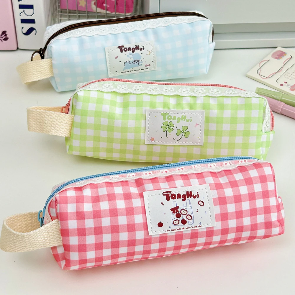 Jolie trousse à crayons en dentelle dopamine avec un appel esthétique élevé, style Instagram, rangement de papeterie pour étudiantes