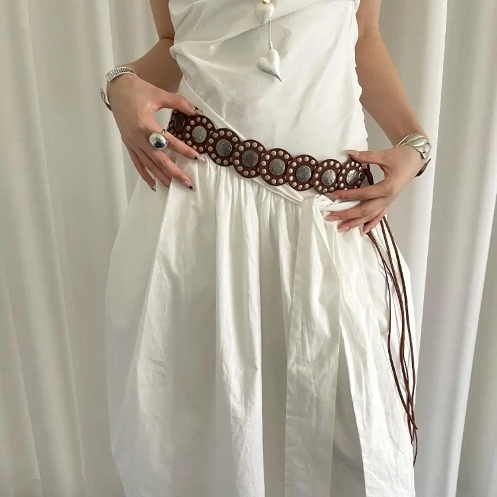 Американский винтажный женский ремень с заклепками, черный кофейный сверхпрочный кожаный пояс, круглый широкий платье, джинсовый ремень, уличная одежда