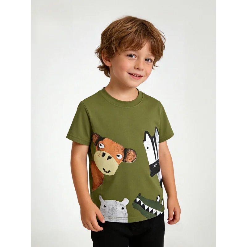 

New Spring and Summer Short-Sleeve Clothes Children Aged 6-12TCartoon animal print round-neck shirt