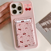 Card Slot Pocket Phone Case For iPhone 16 15 14 13 12 11 Pro Max Plus X XS XR Shockproof Red Cherry Pattern Soft Silicone Cover