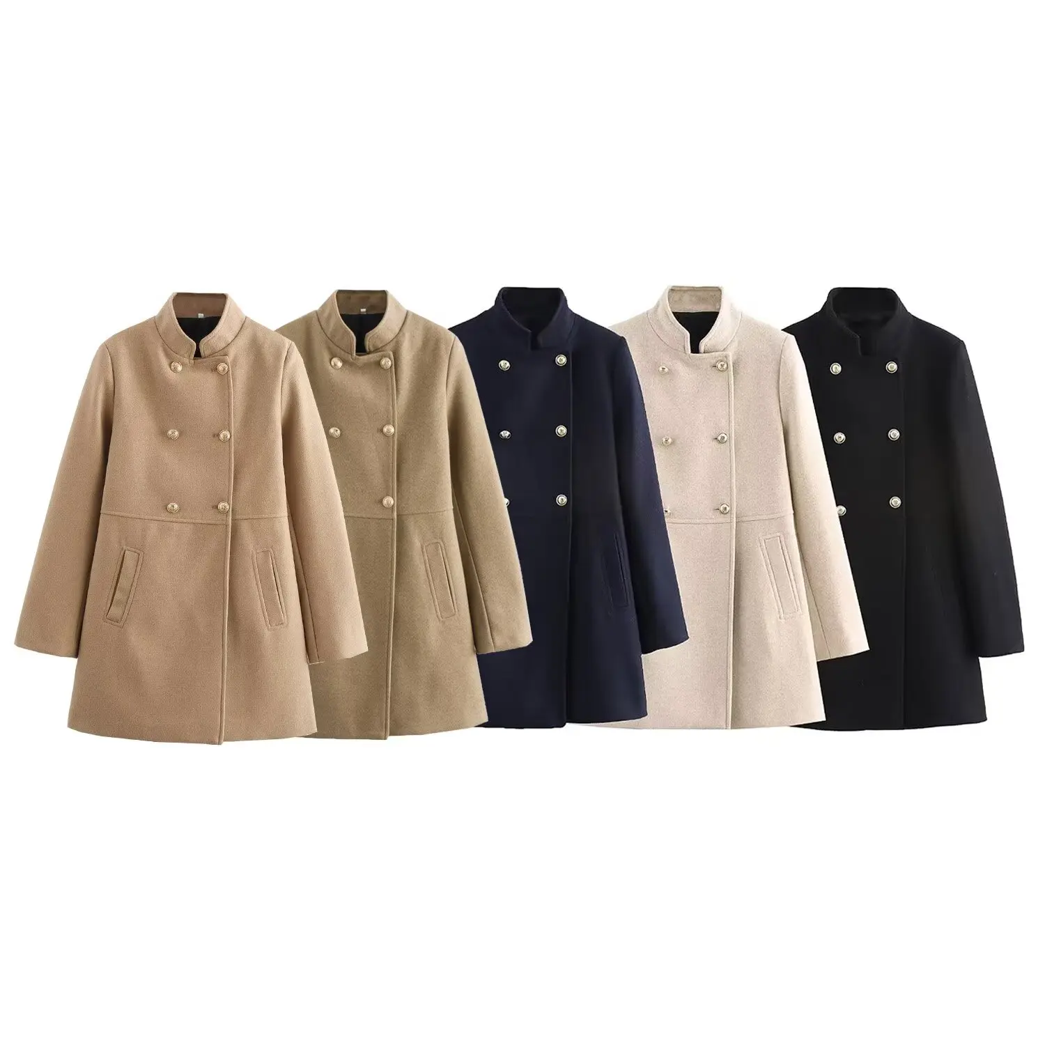 

Women's Blended Wool Coat Female Autumn Winter Warm Stand Collar Long Sleeve Double Buttons Outwear Lady Mid-Length Jackets
